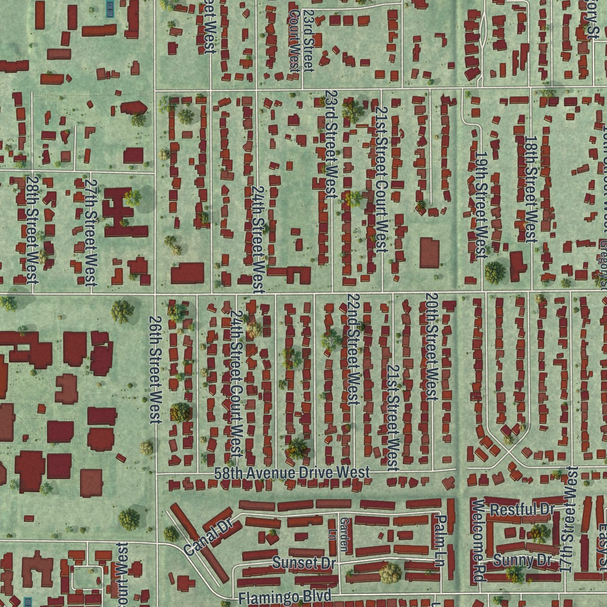 Second close-up of the map of Bayshore Gardens, Florida print showing more streets and buildings
