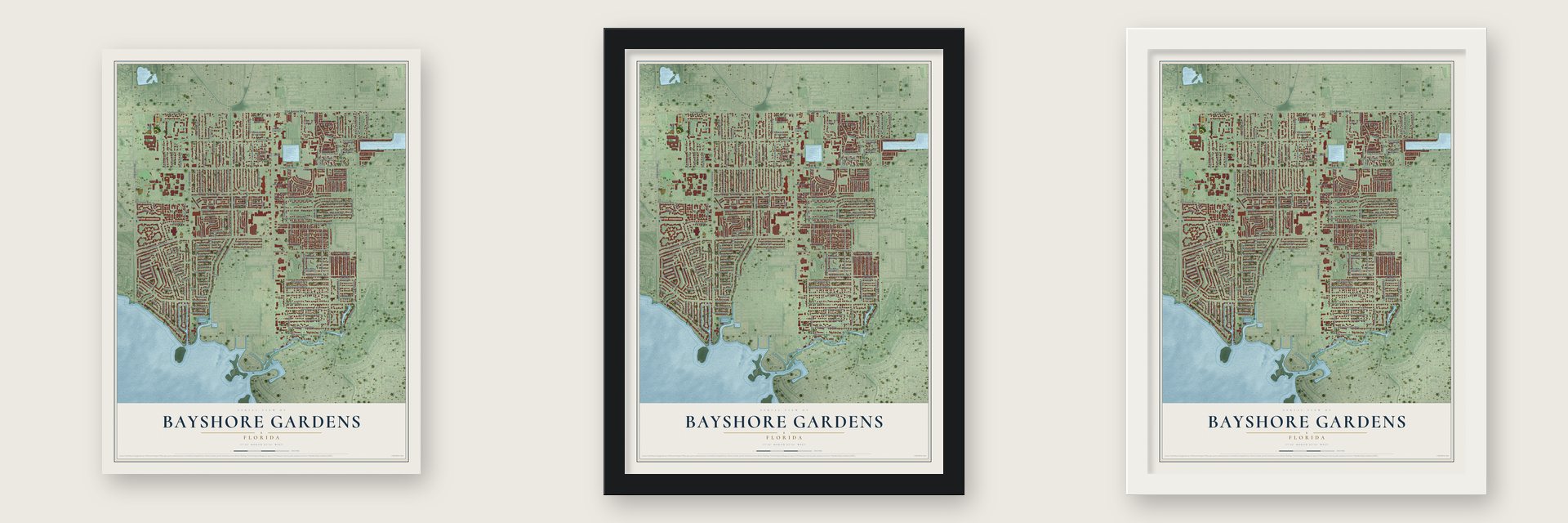 Bayshore Gardens, Florida map unframed, in a black wood frame and in a white wood frame