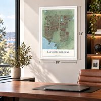Bayshore Gardens, Florida map, 18 x 24 inch print in a white frame in a home office