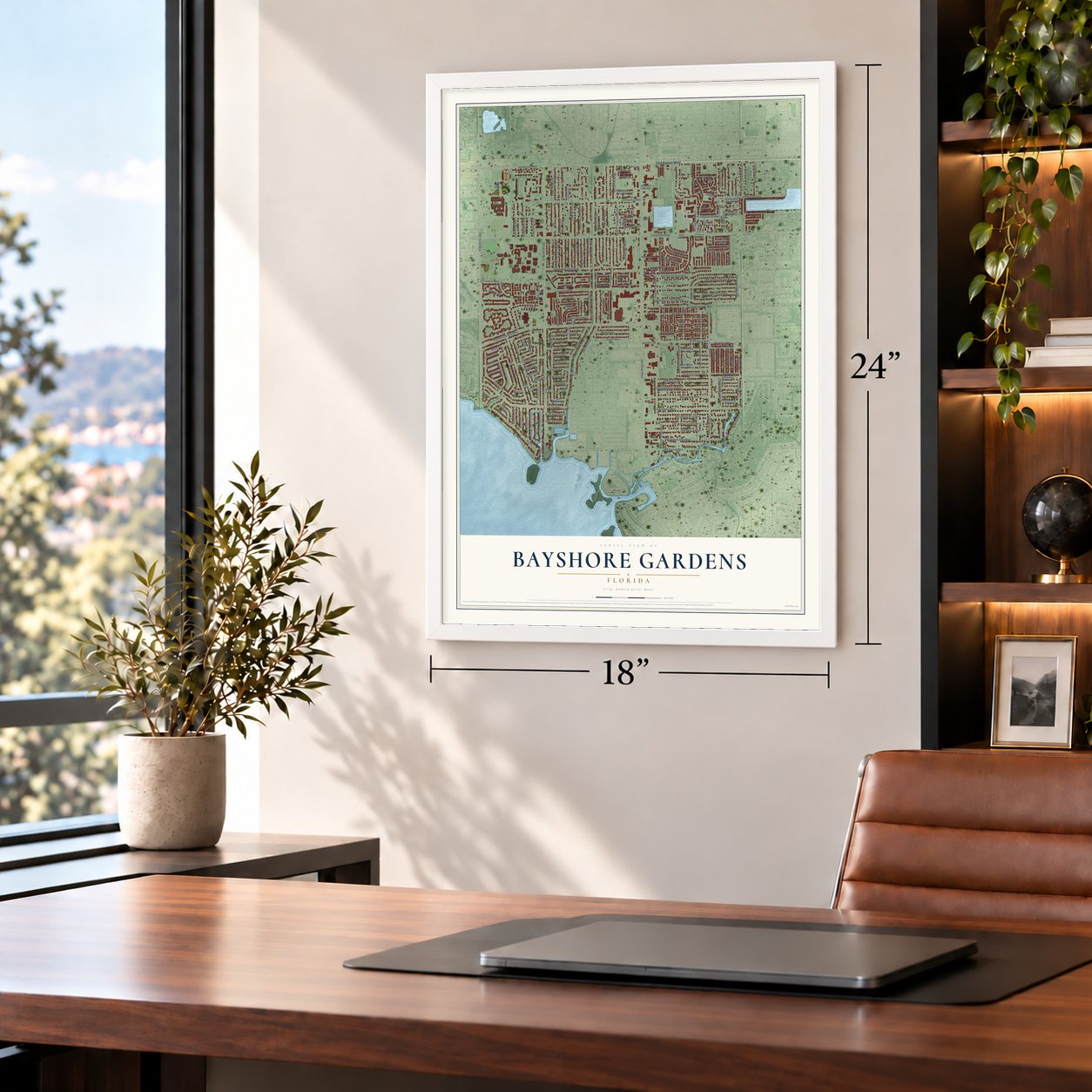 Bayshore Gardens, Florida map, 18 x 24 inch print in a white frame in a home office