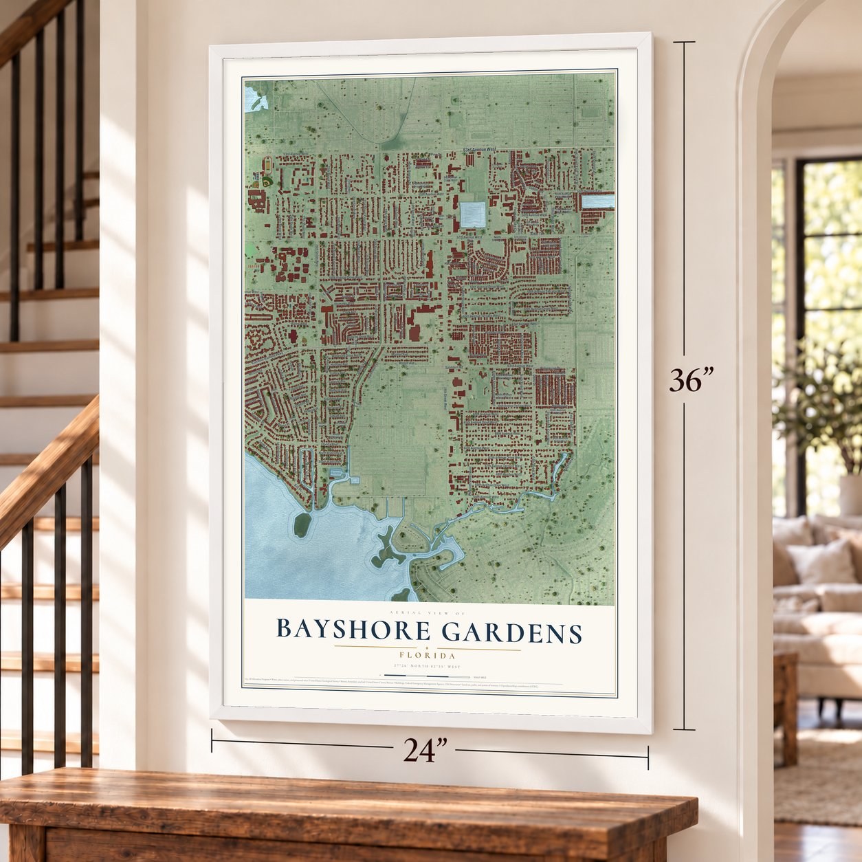 Bayshore Gardens, Florida map, 24 x 36 inch print in a white frame by a staircase