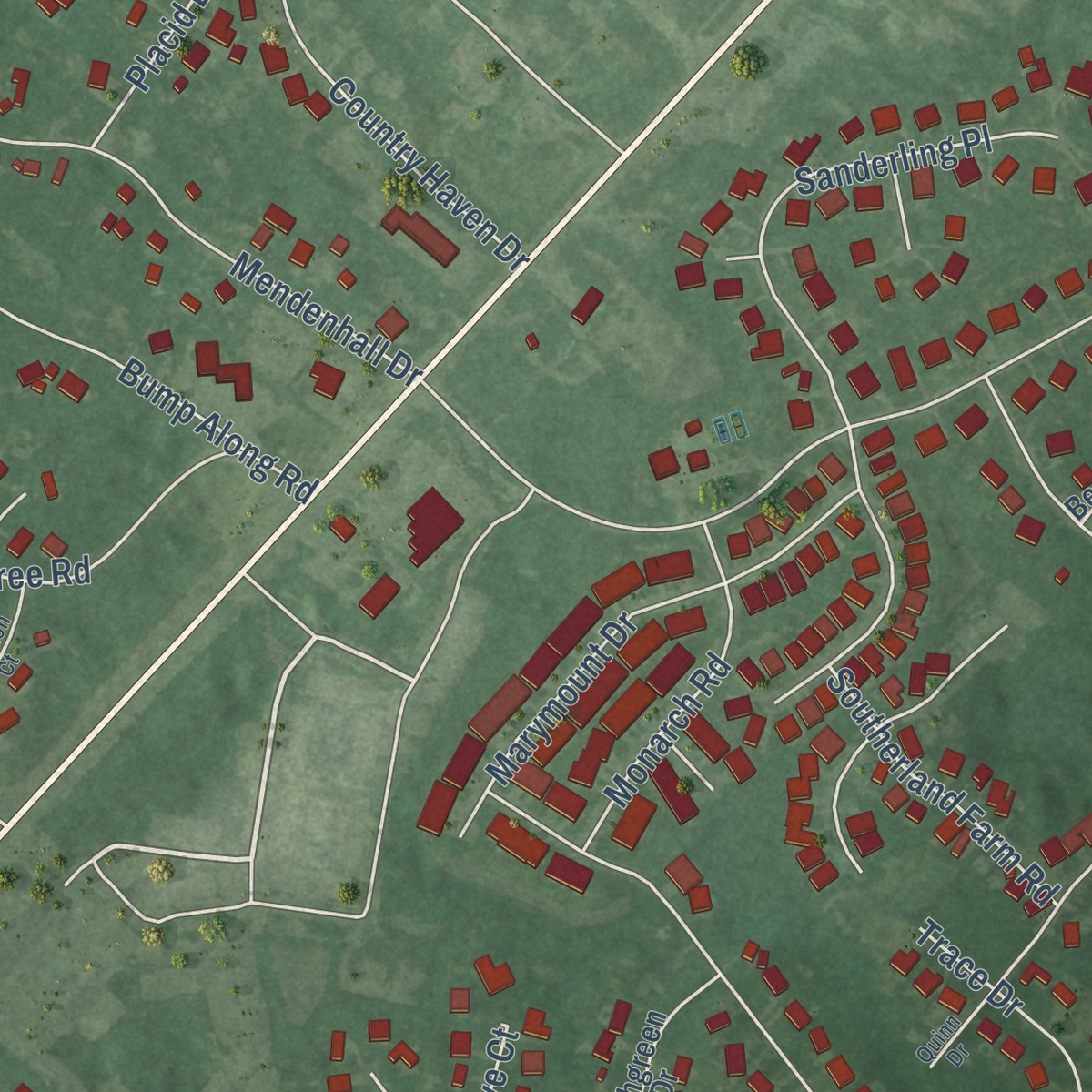 Second close-up of the map of Bayshore, North Carolina print showing more streets and buildings