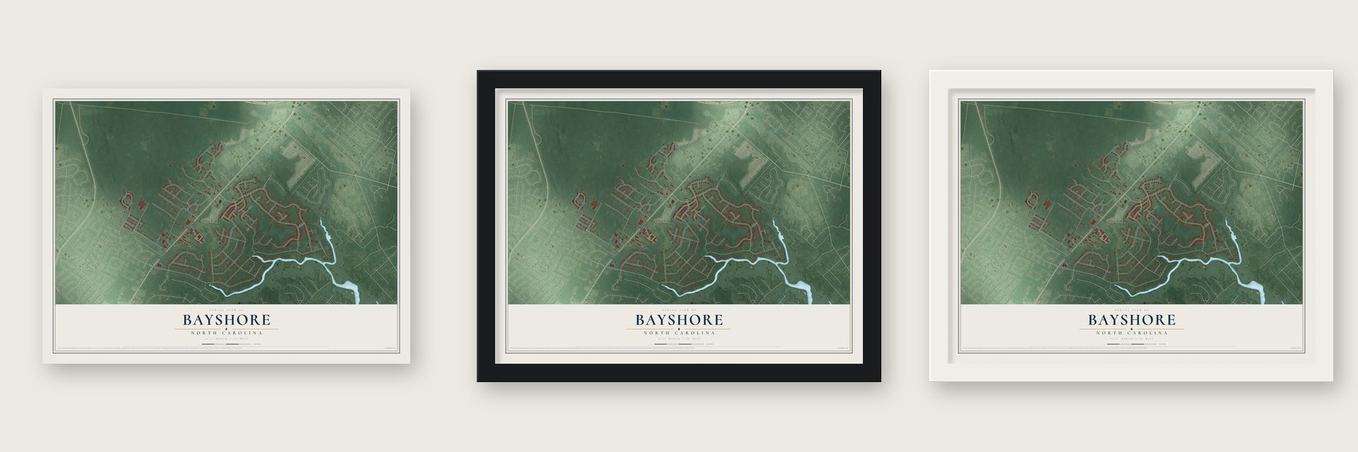 Bayshore, North Carolina map unframed, in a black wood frame and in a white wood frame