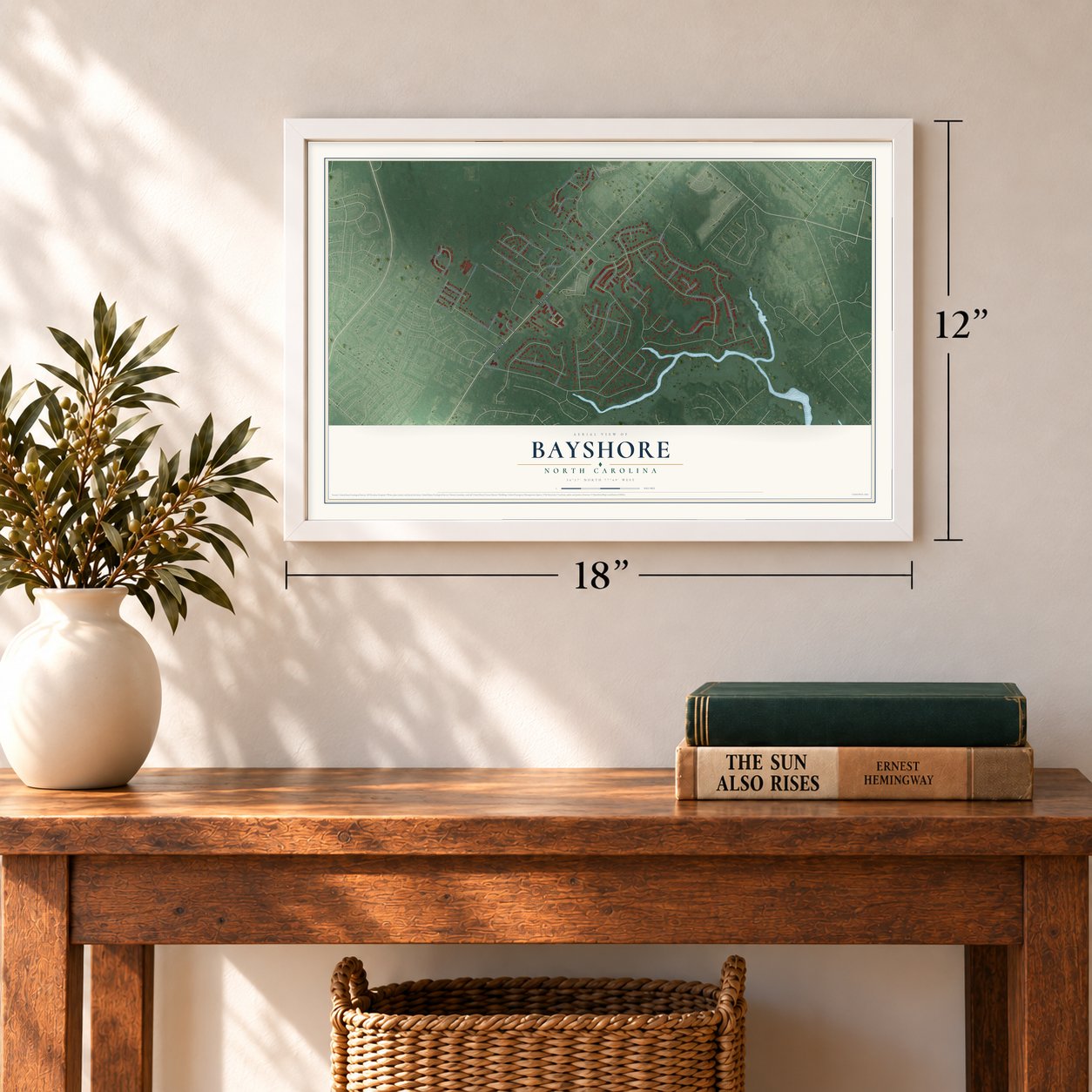 Bayshore, North Carolina map, 12 x 18 inch print in a white frame in an entryway