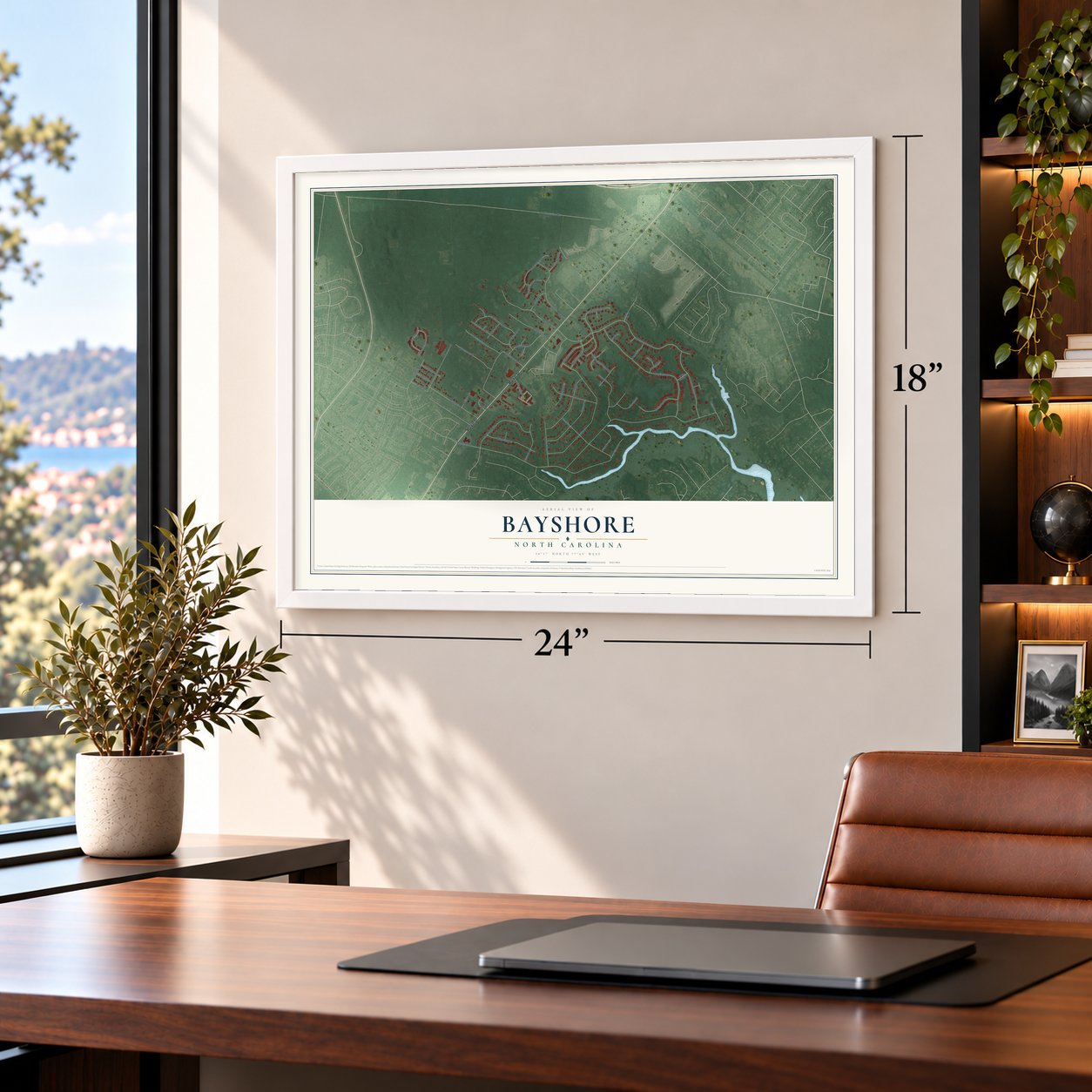 Bayshore, North Carolina map, 18 x 24 inch print in a white frame in a home office