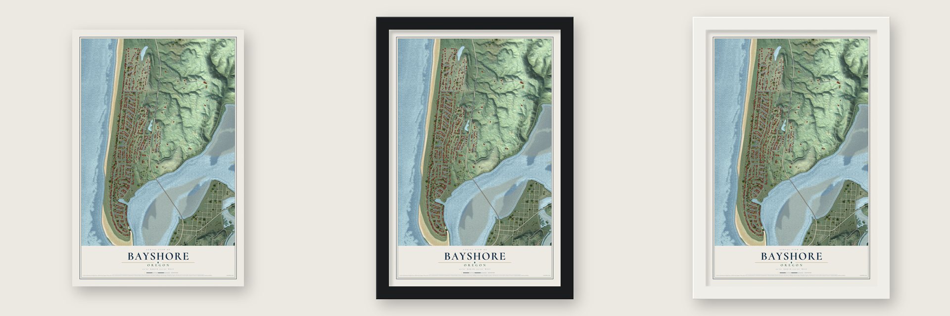 Bayshore, Oregon map unframed, in a black wood frame and in a white wood frame