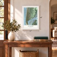 Bayshore, Oregon map, 12 x 18 inch print in a white frame in an entryway