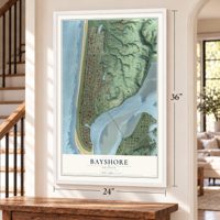 Bayshore, Oregon map, 24 x 36 inch print in a white frame by a staircase
