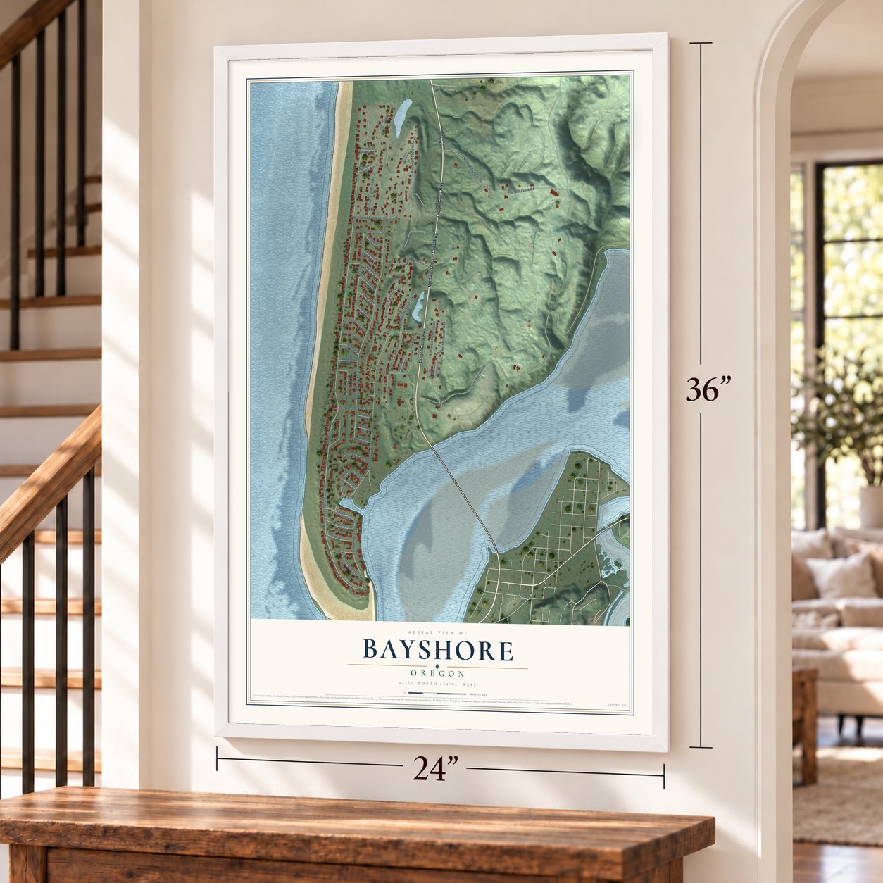 Bayshore, Oregon map, 24 x 36 inch print in a white frame by a staircase