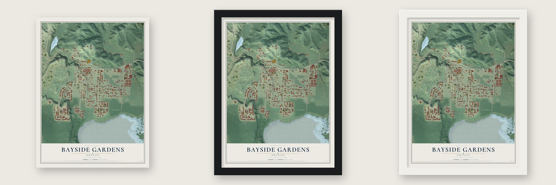 Bayside Gardens, Oregon map unframed, in a black wood frame and in a white wood frame