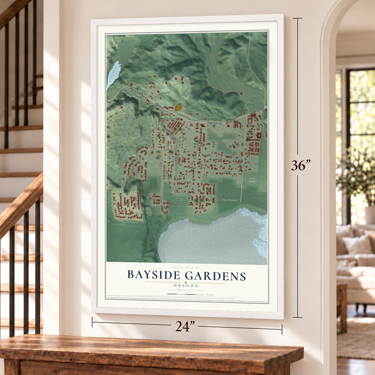 Bayside Gardens, Oregon map, 24 x 36 inch print in a white frame by a staircase