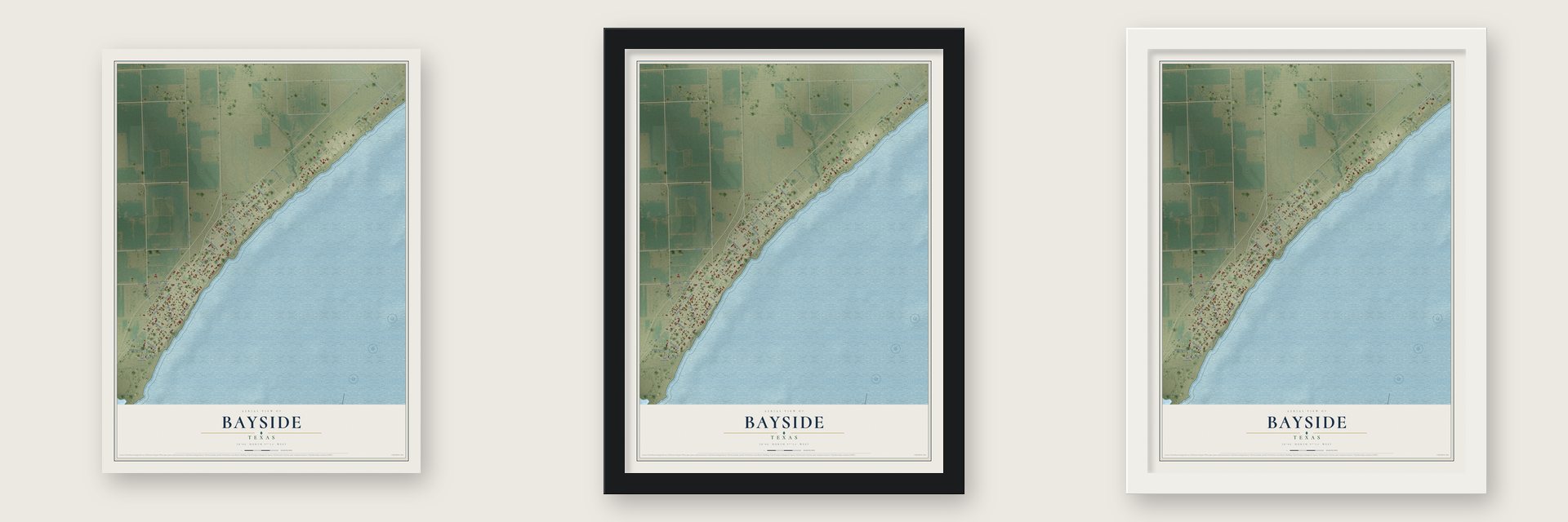 Bayside, Texas map unframed, in a black wood frame and in a white wood frame