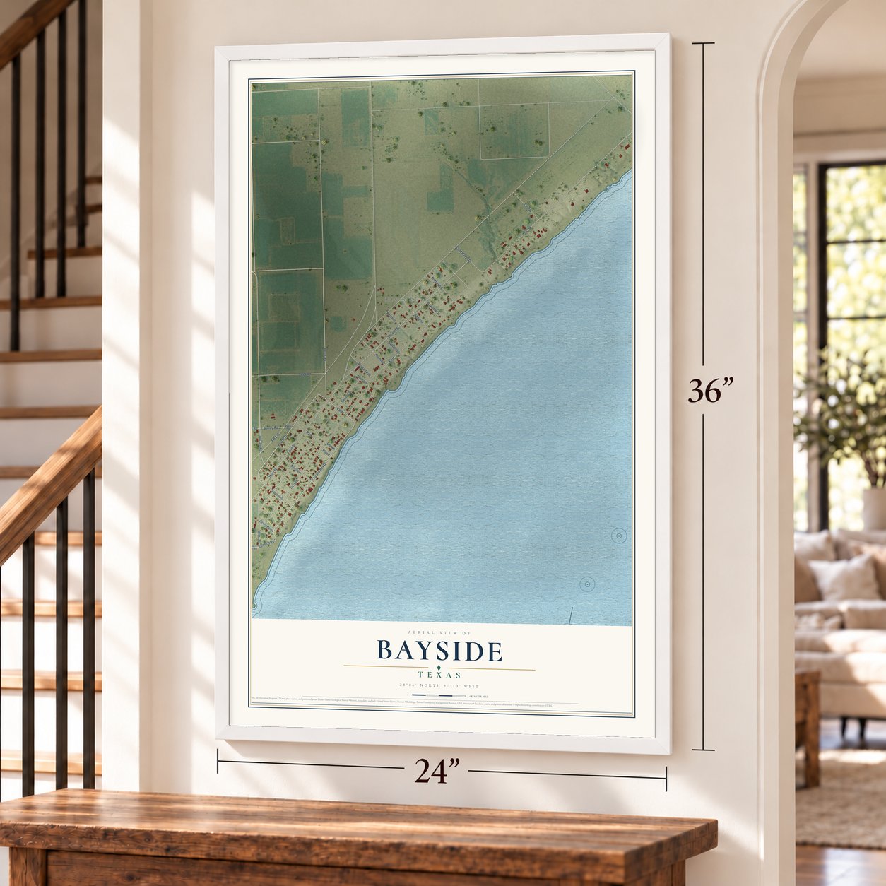 Bayside, Texas map, 24 x 36 inch print in a white frame by a staircase