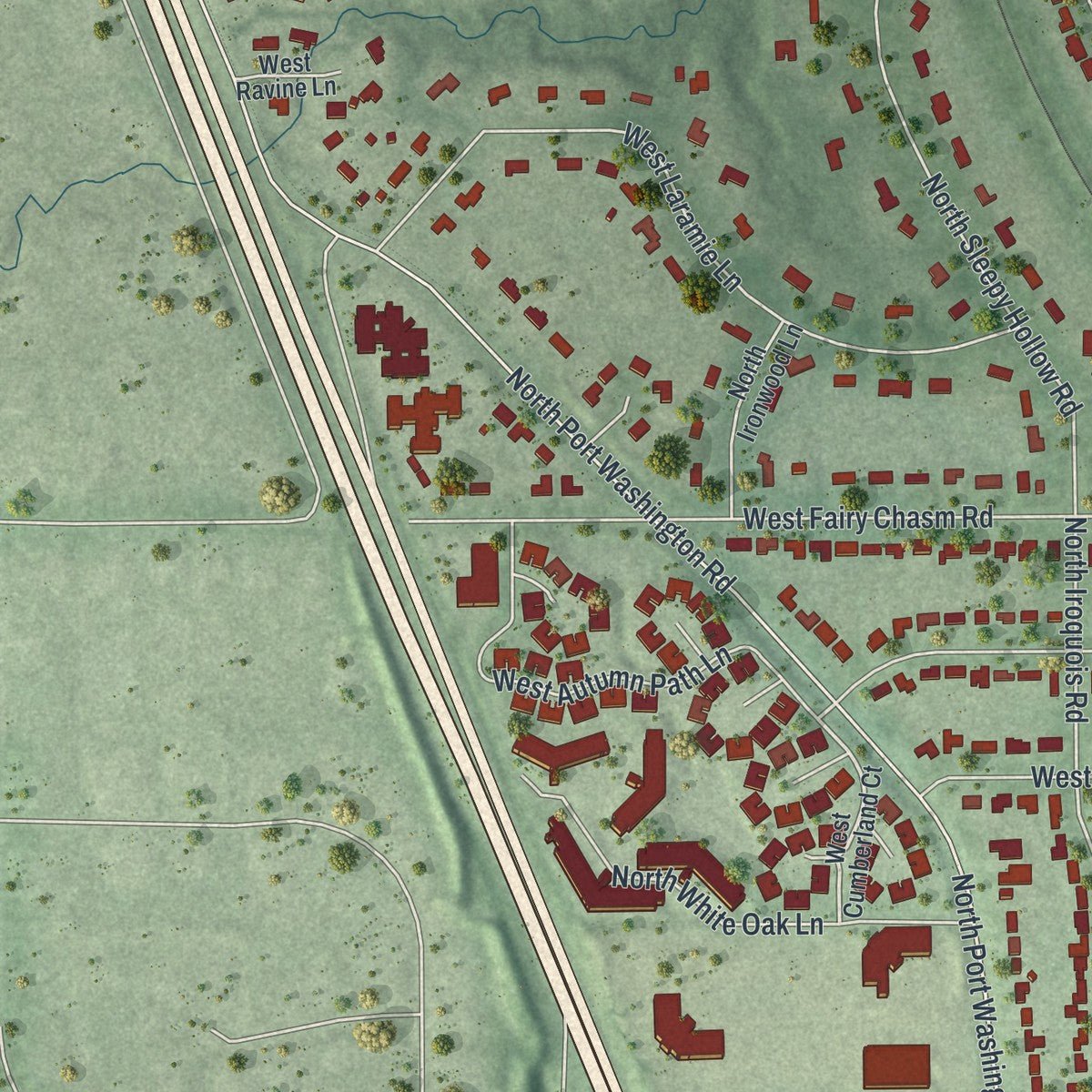 Second close-up of the map of Bayside, Wisconsin print showing more streets and buildings