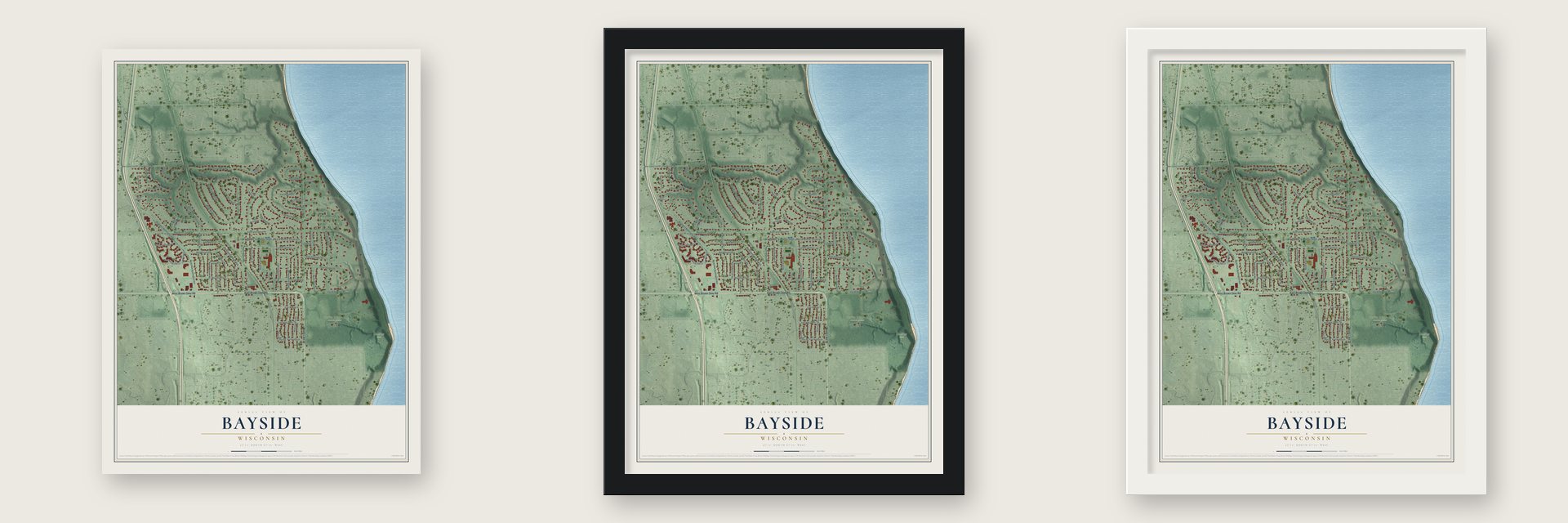 Bayside, Wisconsin map unframed, in a black wood frame and in a white wood frame