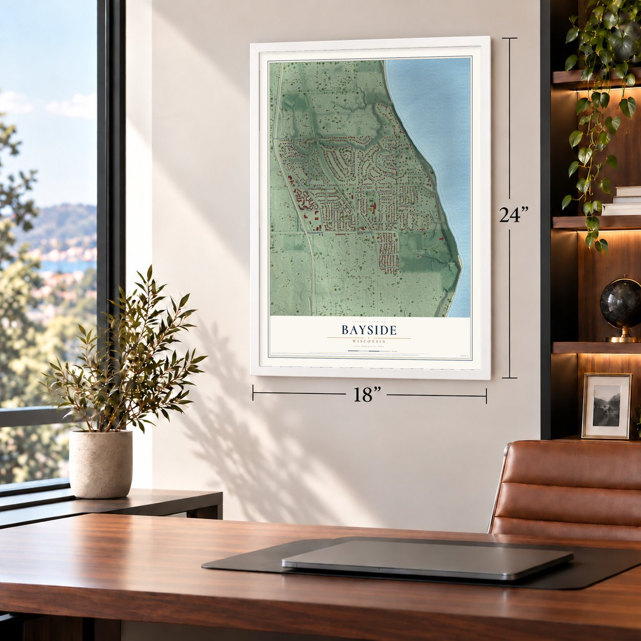 Bayside, Wisconsin map, 18 x 24 inch print in a white frame in a home office