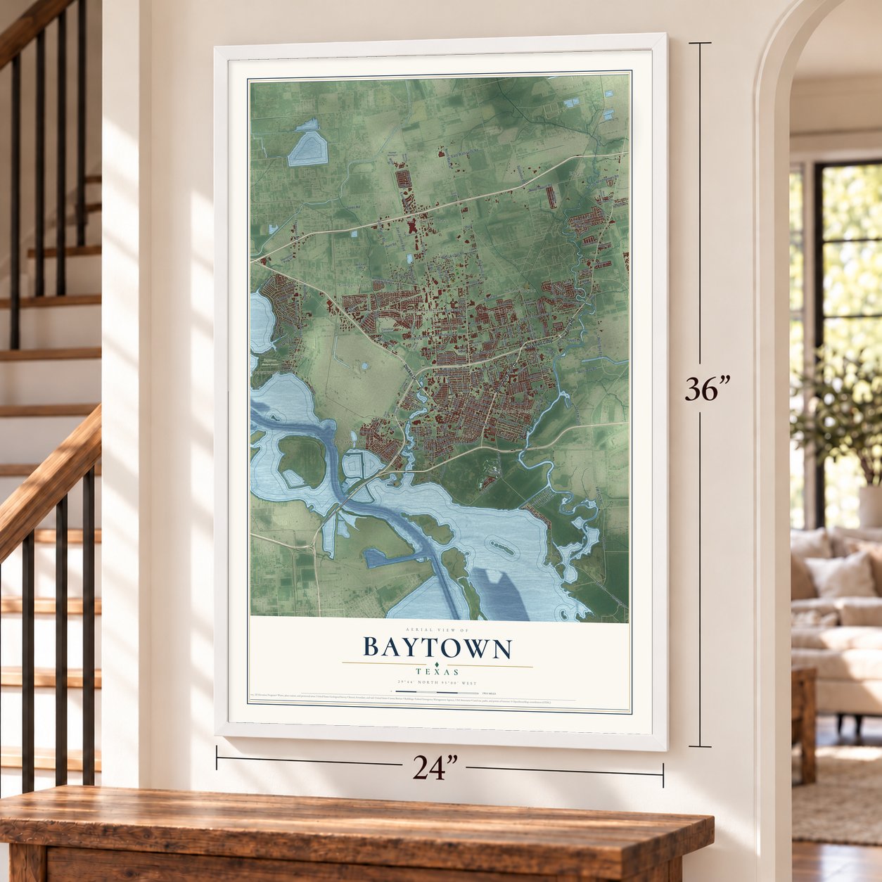 Baytown, Texas map, 24 x 36 inch print in a white frame by a staircase