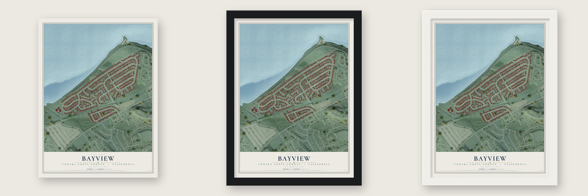 Bayview, Contra Costa County, California map unframed, in a black wood frame and in a white wood frame