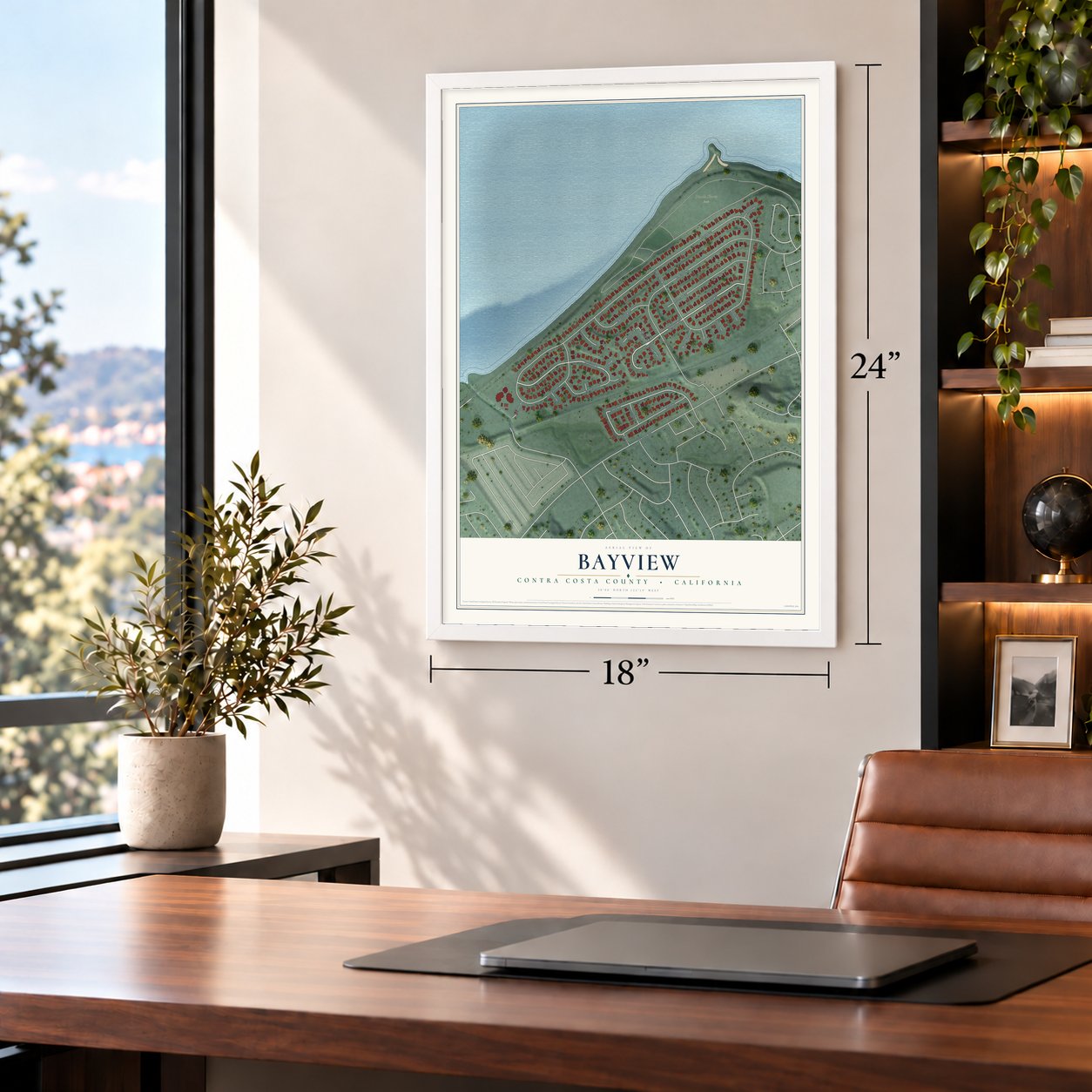 Bayview, Contra Costa County, California map, 18 x 24 inch print in a white frame in a home office