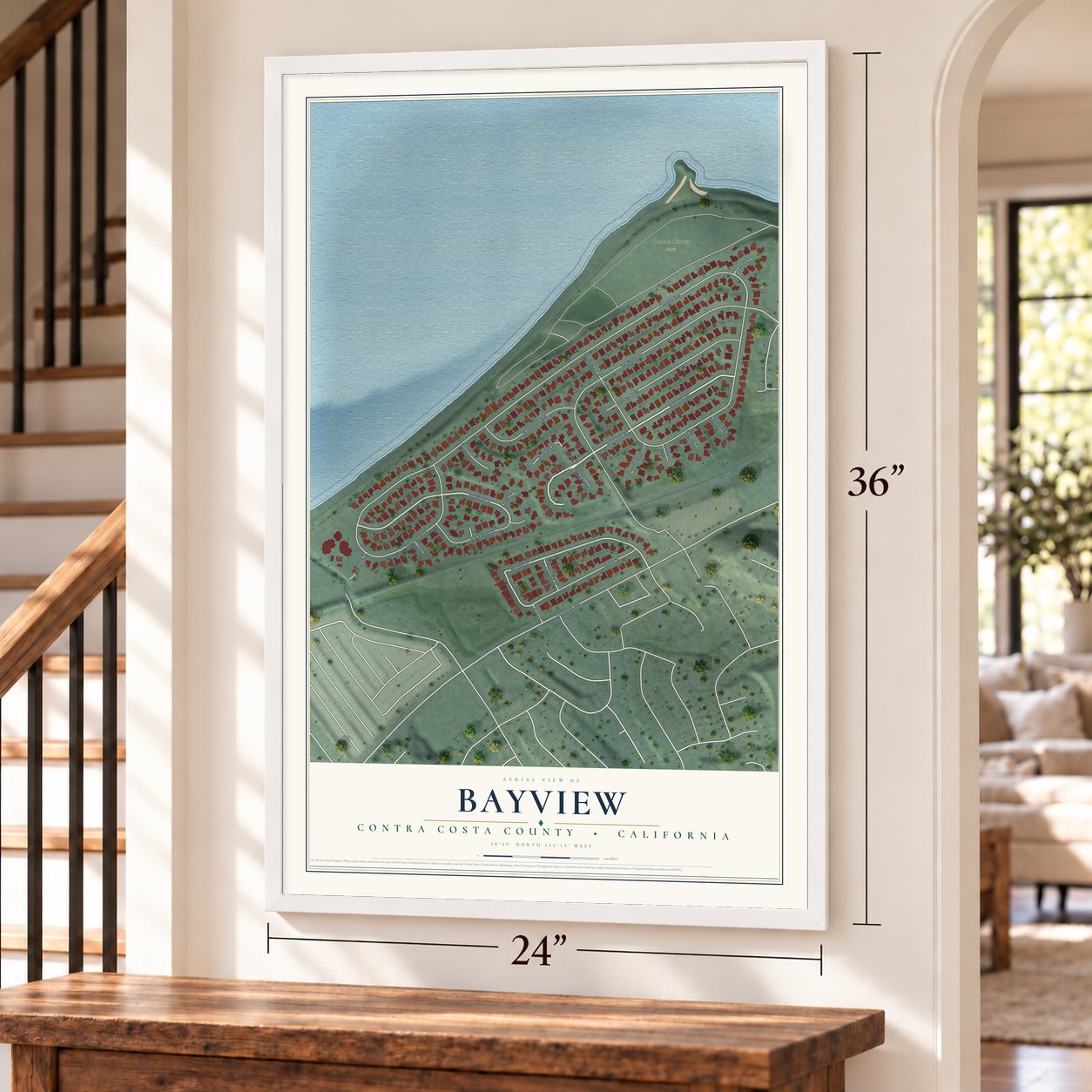 Bayview, Contra Costa County, California map, 24 x 36 inch print in a white frame by a staircase