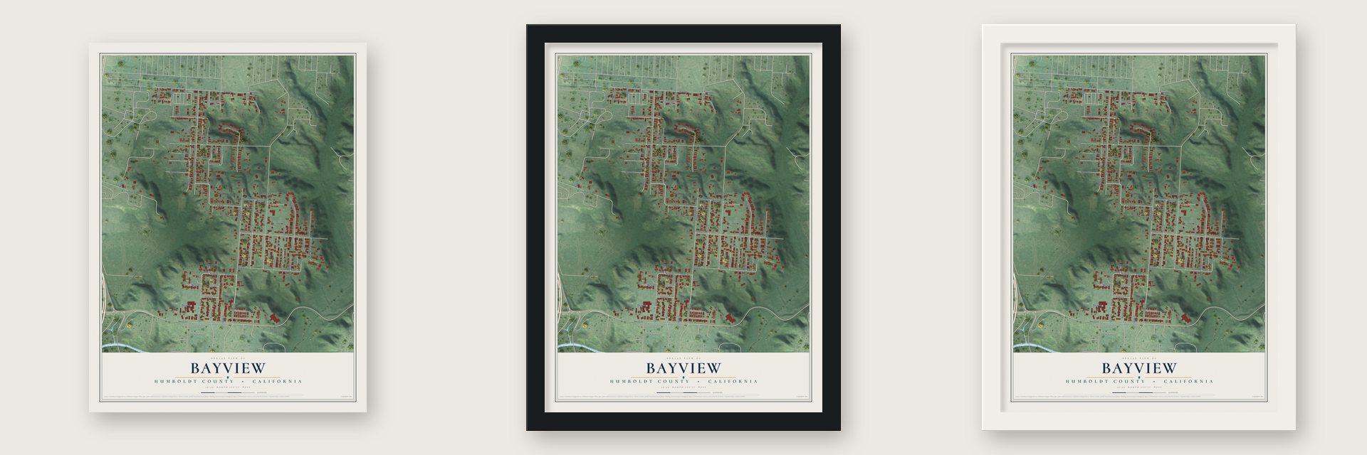Bayview, Humboldt County, California map unframed, in a black wood frame and in a white wood frame