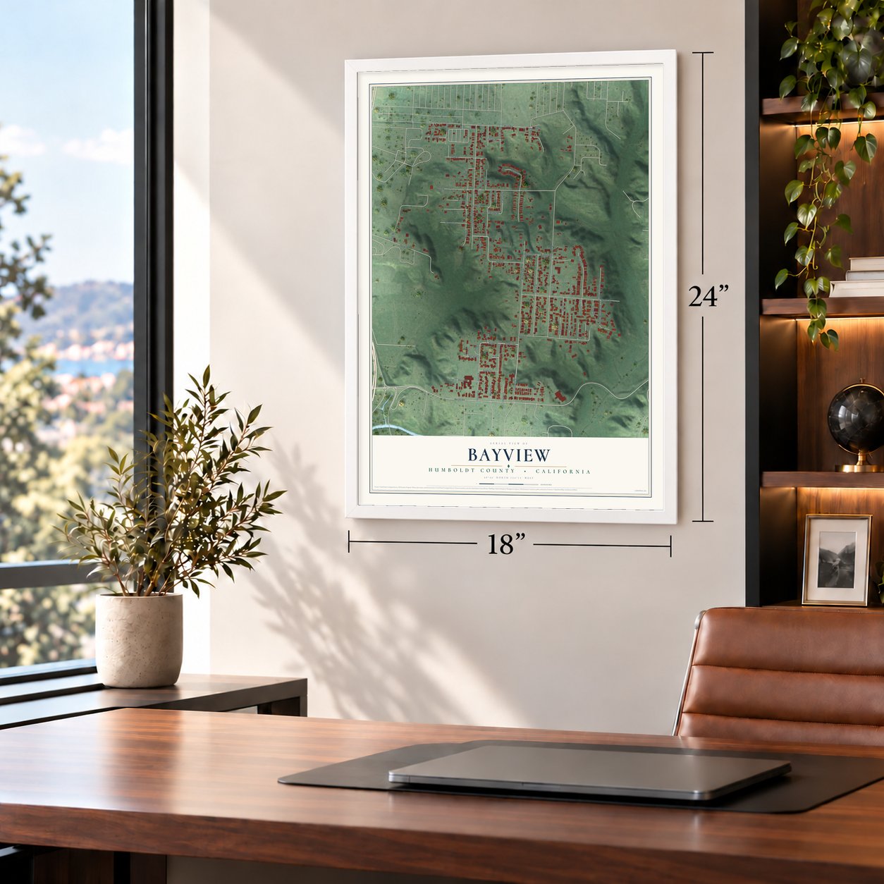 Bayview, Humboldt County, California map, 18 x 24 inch print in a white frame in a home office