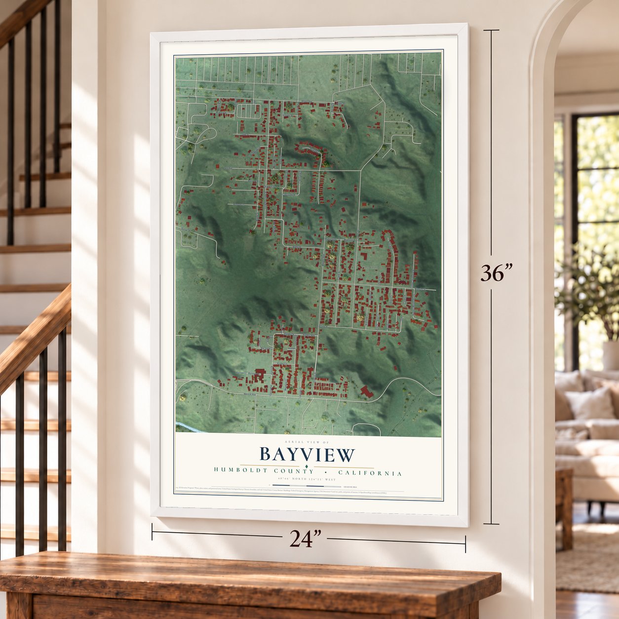 Bayview, Humboldt County, California map, 24 x 36 inch print in a white frame by a staircase