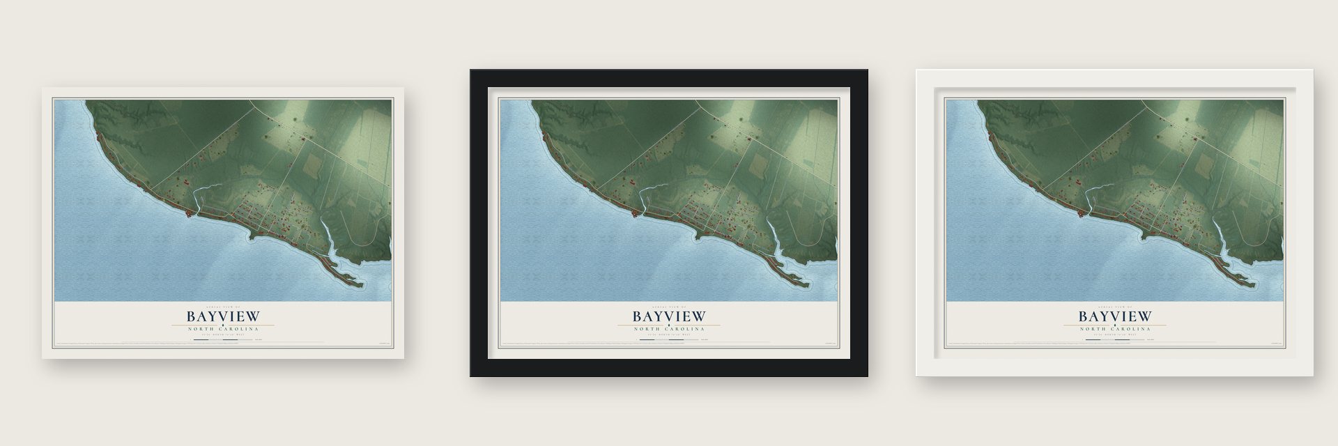 Bayview, North Carolina map unframed, in a black wood frame and in a white wood frame