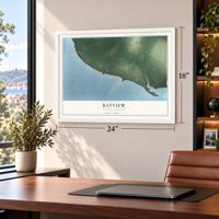Bayview, North Carolina map, 18 x 24 inch print in a white frame in a home office