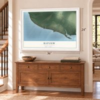 Bayview, North Carolina map, 24 x 36 inch print in a white frame above a dresser by a staircase