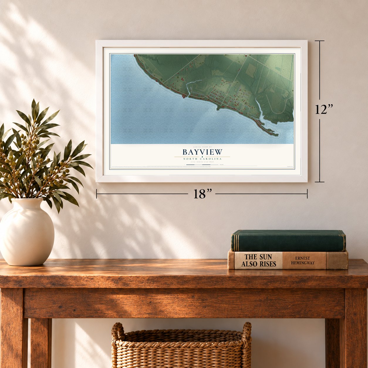 Bayview, North Carolina map, 12 x 18 inch print in a white frame in an entryway