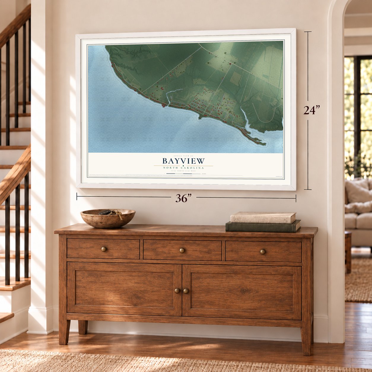 Bayview, North Carolina map, 24 x 36 inch print in a white frame above a dresser by a staircase