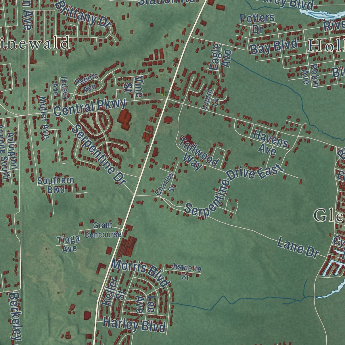 Second close-up of the map of Bayville, New Jersey print showing more streets and buildings