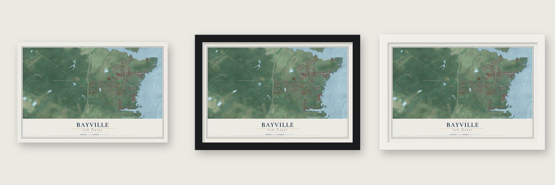 Bayville, New Jersey map unframed, in a black wood frame and in a white wood frame