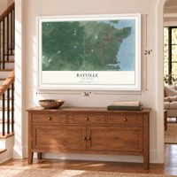 Bayville, New Jersey map, 24 x 36 inch print in a white frame above a dresser by a staircase