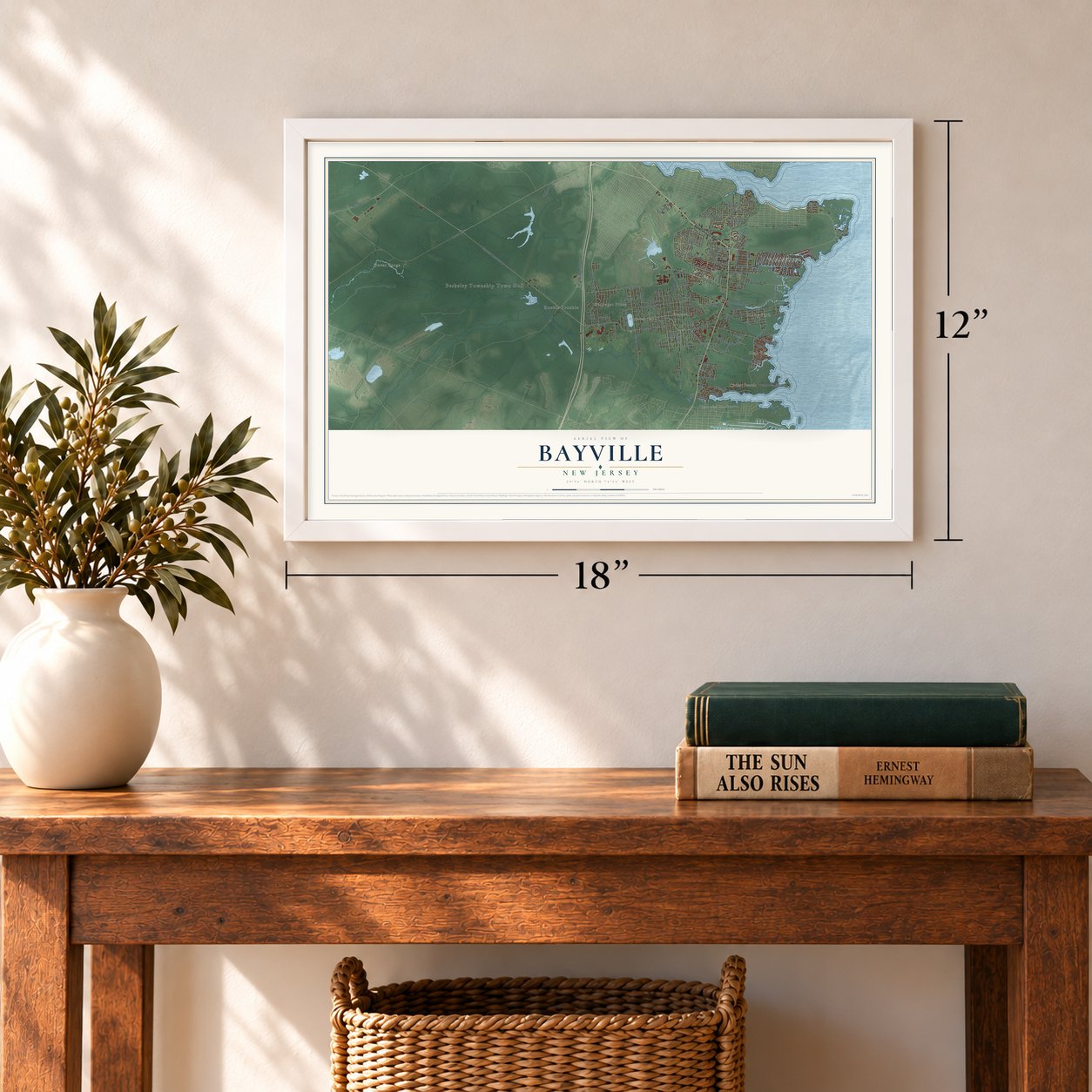 Bayville, New Jersey map, 12 x 18 inch print in a white frame in an entryway