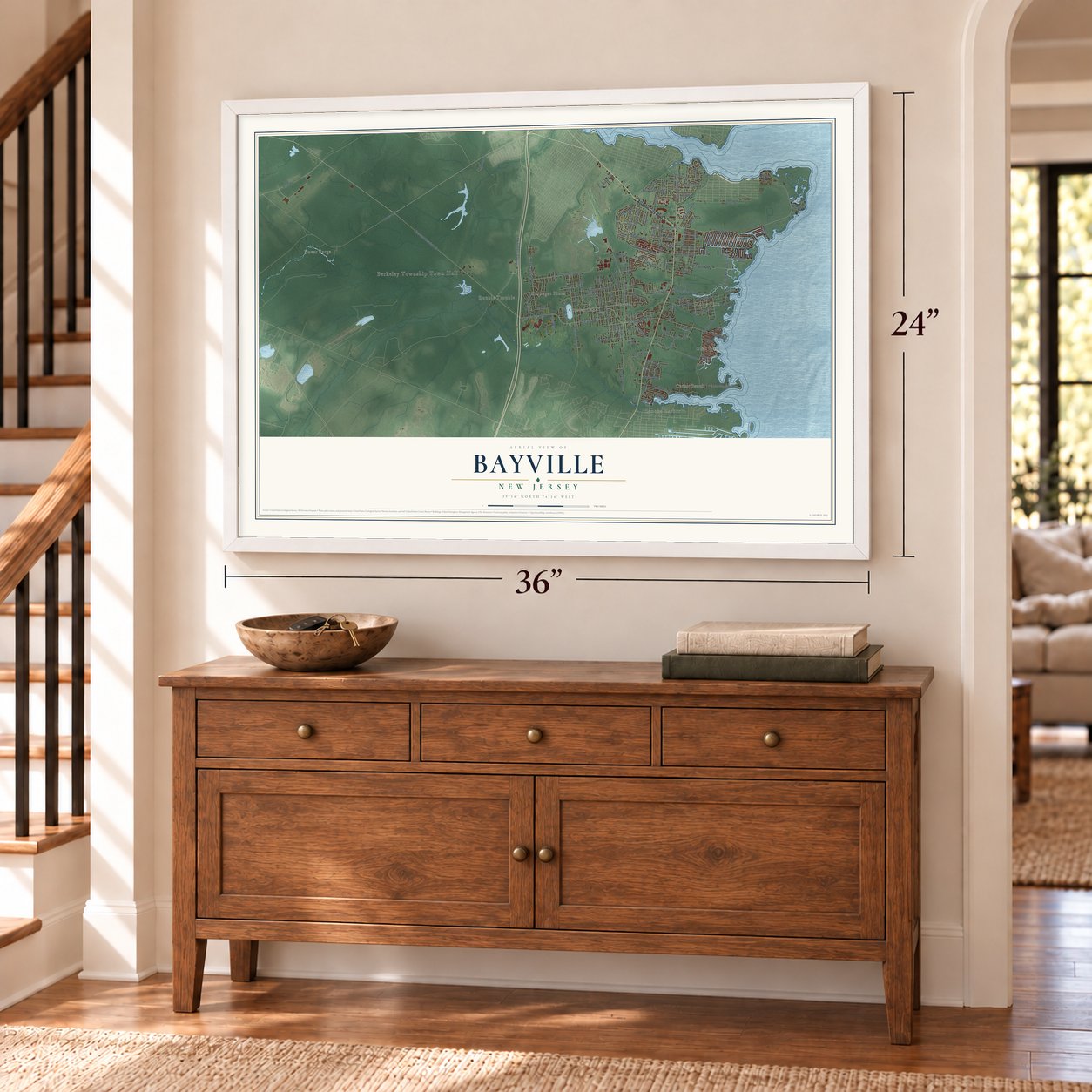 Bayville, New Jersey map, 24 x 36 inch print in a white frame above a dresser by a staircase