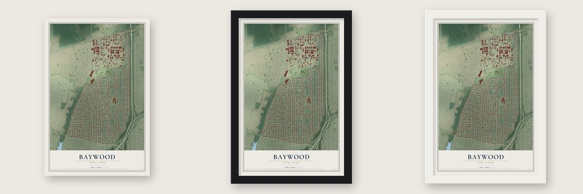 Baywood, New York map unframed, in a black wood frame and in a white wood frame