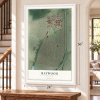 Baywood, New York map, 24 x 36 inch print in a white frame by a staircase