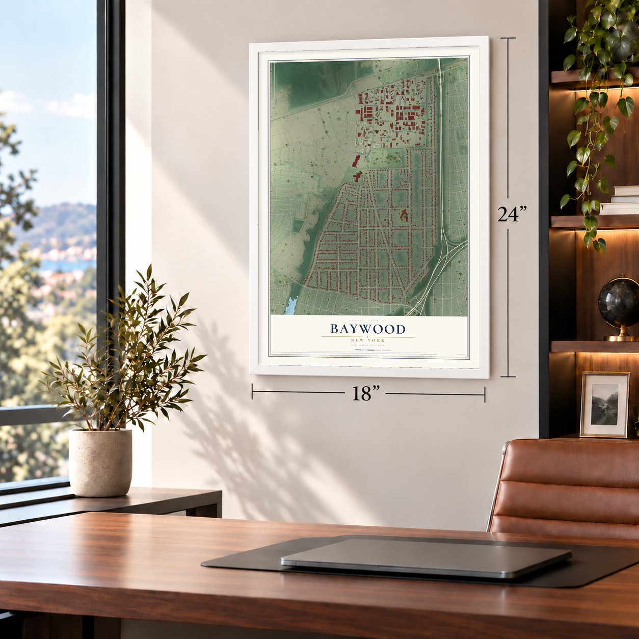 Baywood, New York map, 18 x 24 inch print in a white frame in a home office