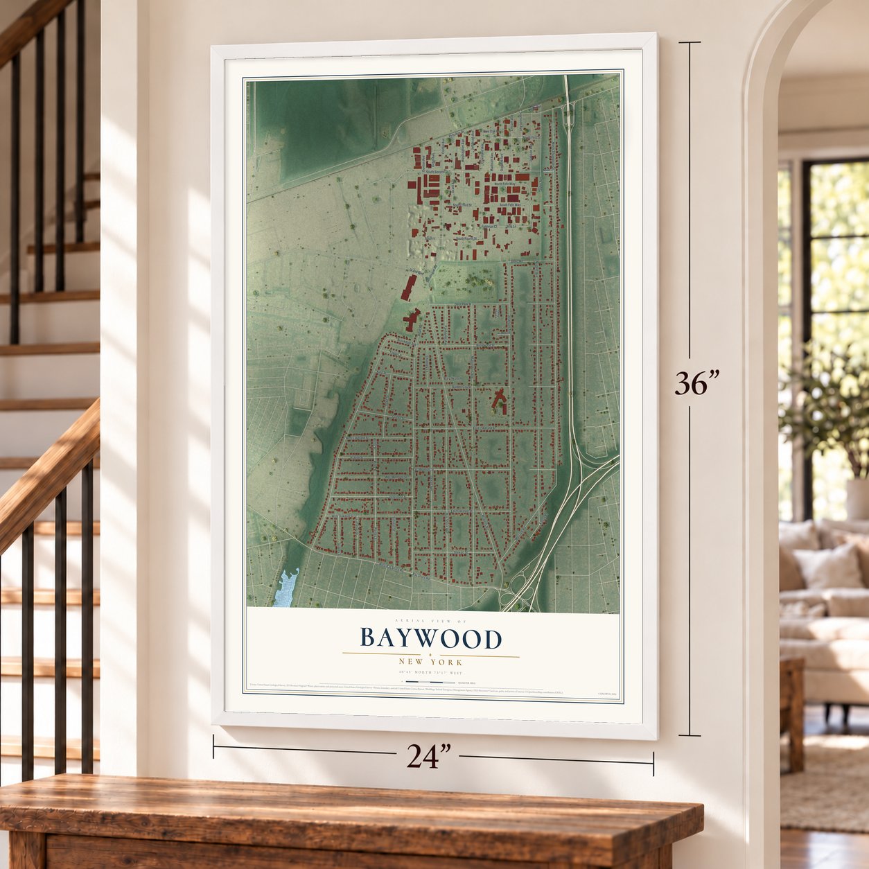 Baywood, New York map, 24 x 36 inch print in a white frame by a staircase