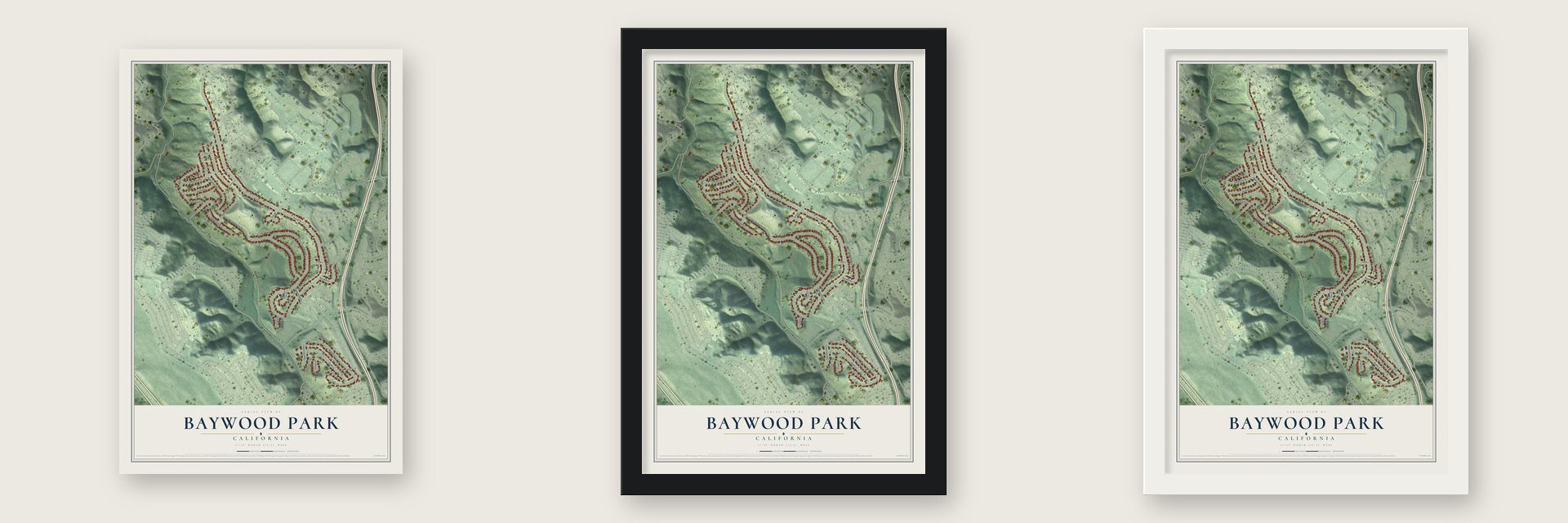 Baywood Park, California map unframed, in a black wood frame and in a white wood frame