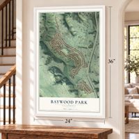 Baywood Park, California map, 24 x 36 inch print in a white frame by a staircase