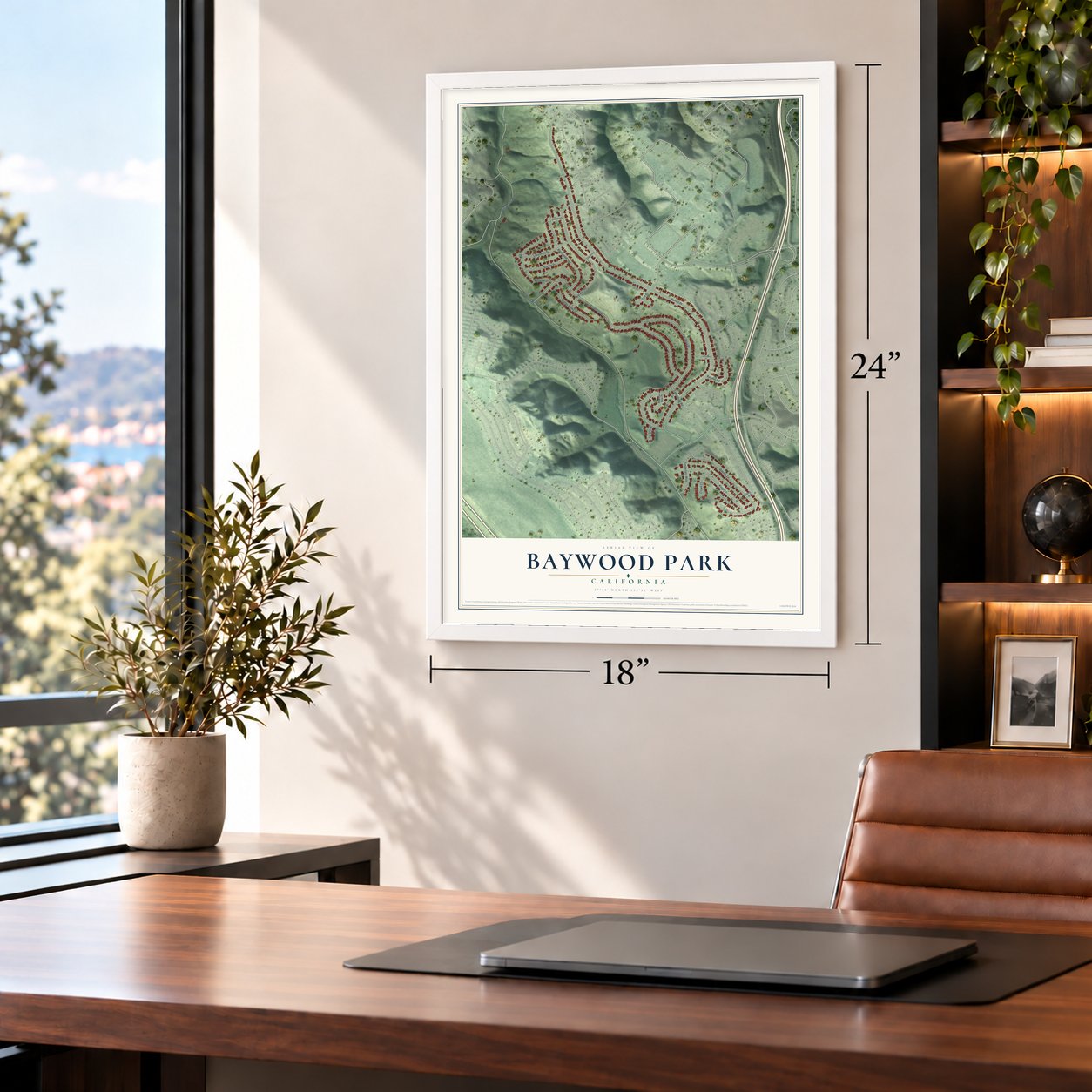 Baywood Park, California map, 18 x 24 inch print in a white frame in a home office