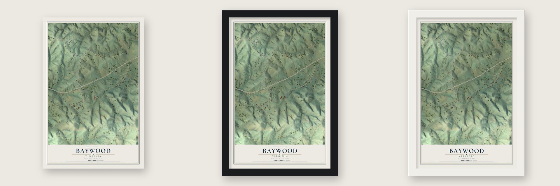 Baywood, Virginia map unframed, in a black wood frame and in a white wood frame