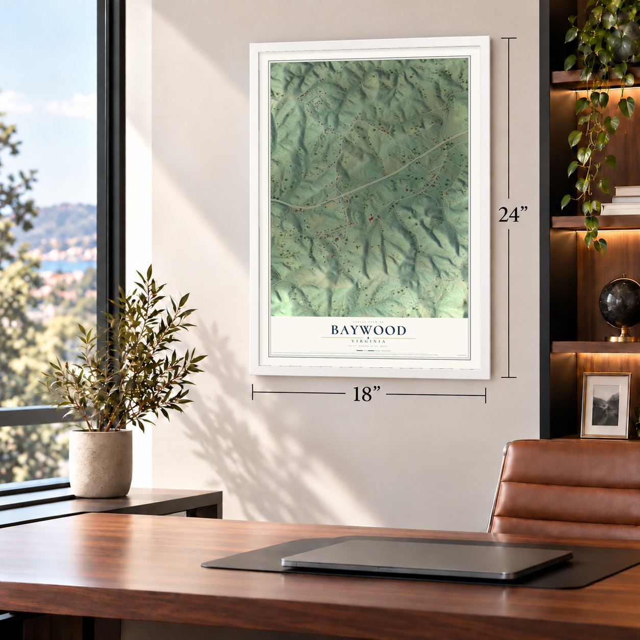 Baywood, Virginia map, 18 x 24 inch print in a white frame in a home office