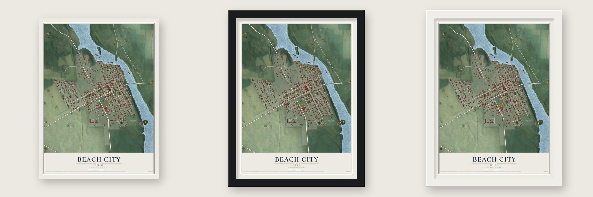 Beach City, Ohio map unframed, in a black wood frame and in a white wood frame