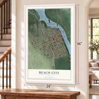 Beach City, Ohio map, 24 x 36 inch print in a white frame by a staircase