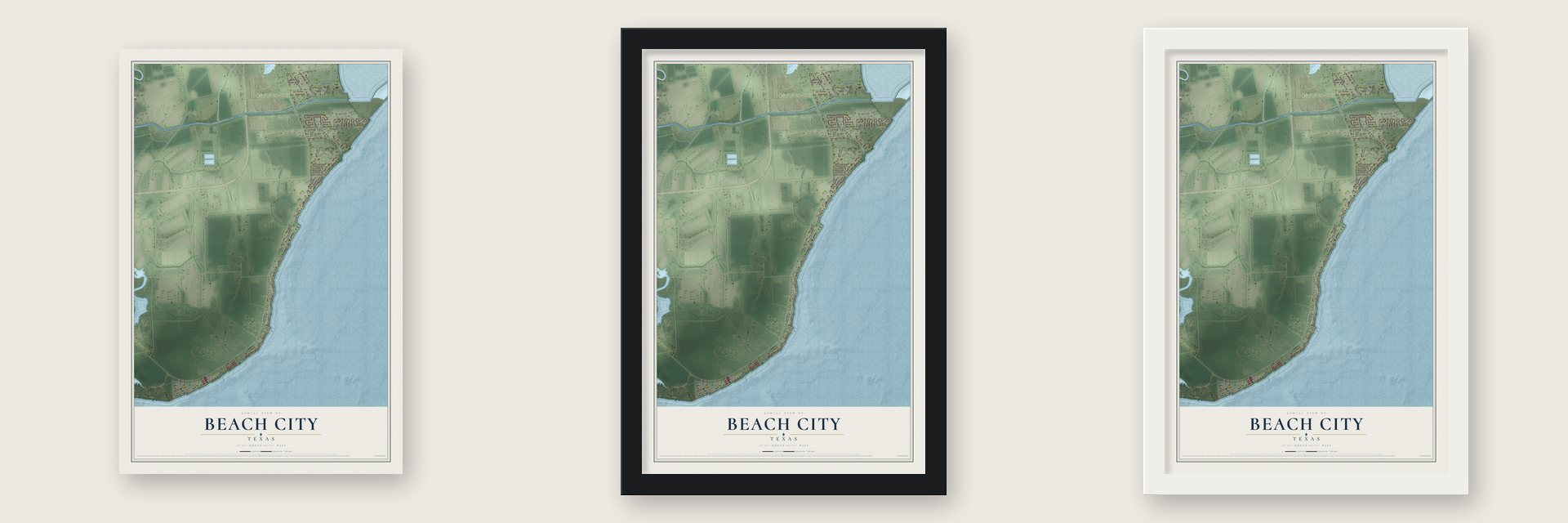 Beach City, Texas map unframed, in a black wood frame and in a white wood frame