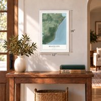 Beach City, Texas map, 12 x 18 inch print in a white frame in an entryway